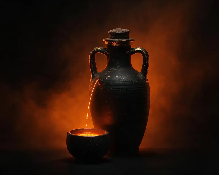 Amphore versant un filet de liquide incandescent dans une coupe
