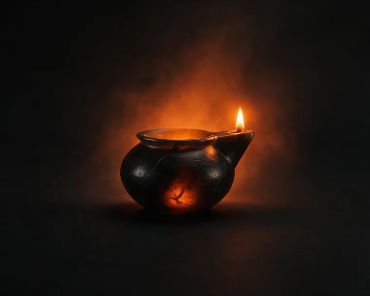 Lampe à huile allumée, sa flamme unique posée dans le noir