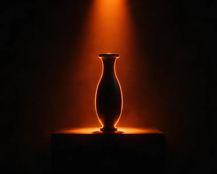 Vase de pierre sombre dressé sur un socle circulaire éclairé par en dessous