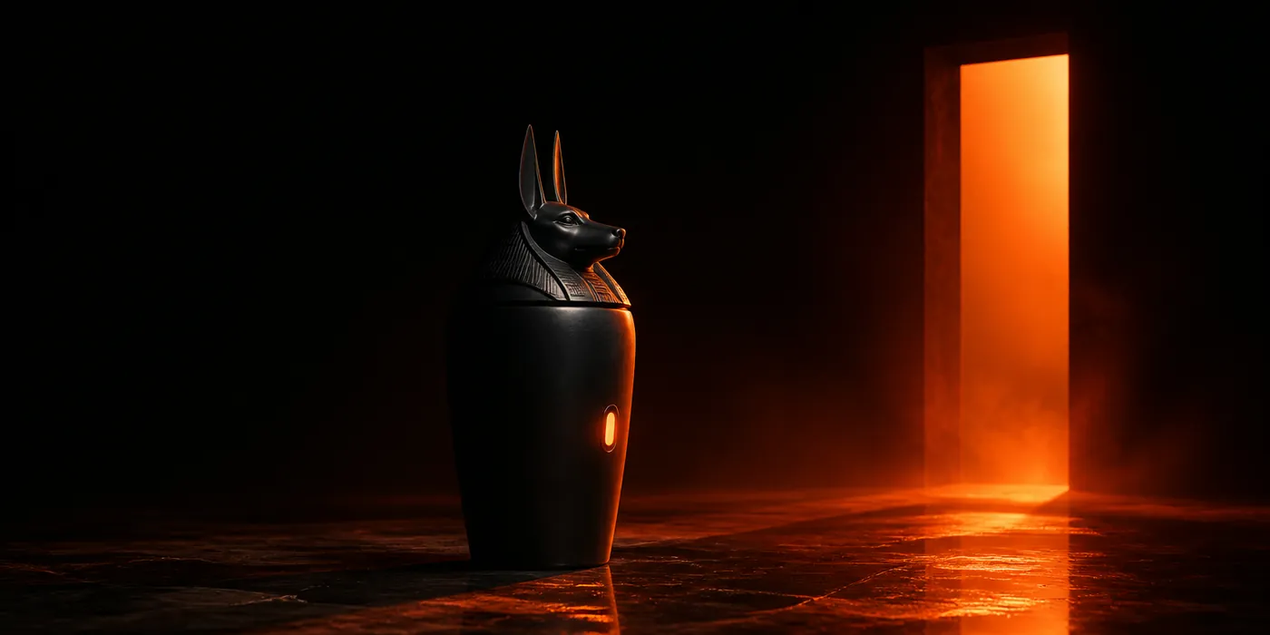 Vase canope scellé à tête de chacal, dressé devant une porte de lumière