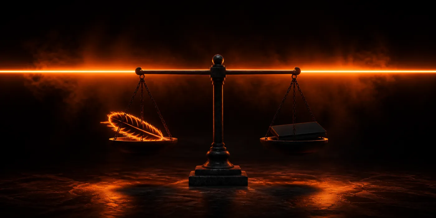 Balance à l'équilibre parfait, une plume sur un plateau, un ordinateur sur l'autre