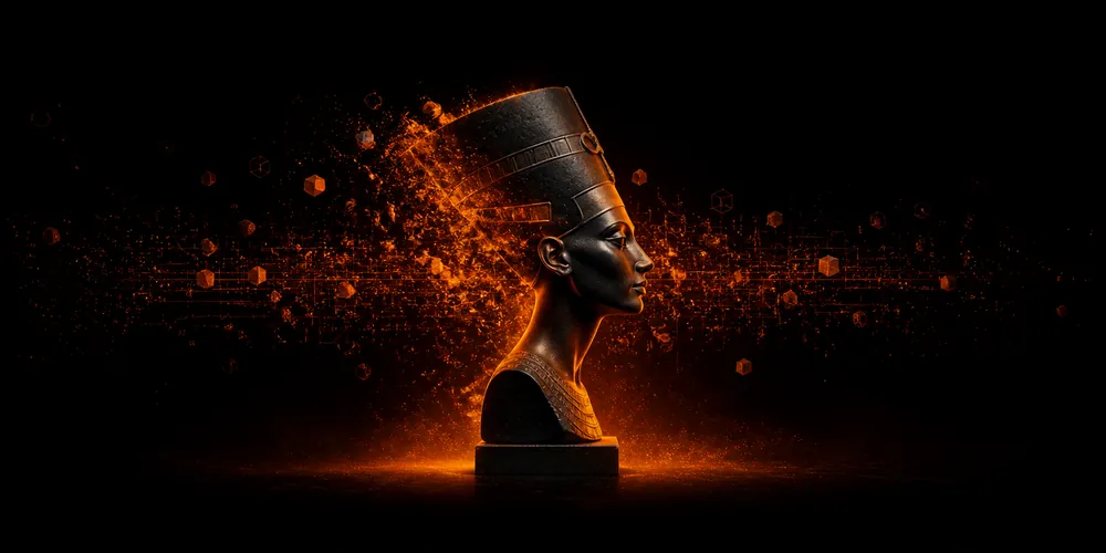 Buste de Néfertiti en pierre sombre se dissolvant en particules de braise, évoquant le passage d'un héritage à la communication numérique