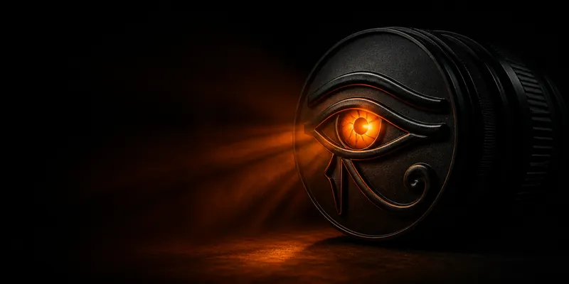 Objectif photographique dont la lentille est l'Œil d'Horus, l'iris en braise
