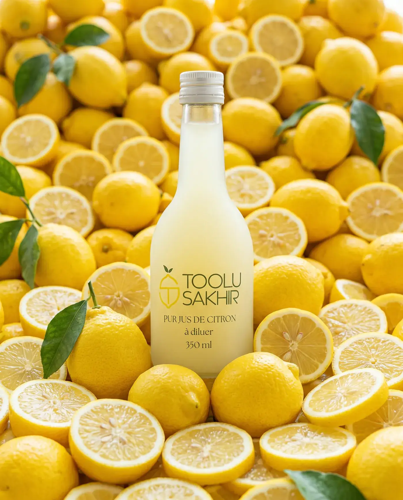 Bouteille d'huile de citron Toolu Sakhir posée sur un lit de citrons entiers et coupés