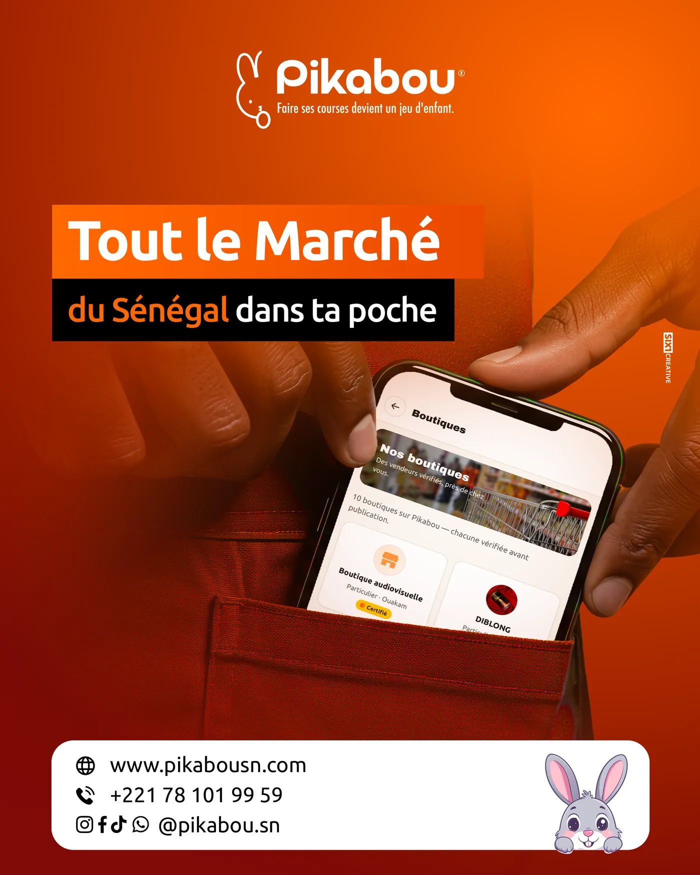 Visuel Pikabou « Tout le marché du Sénégal dans ta poche », une main tenant un téléphone sur fond orange
