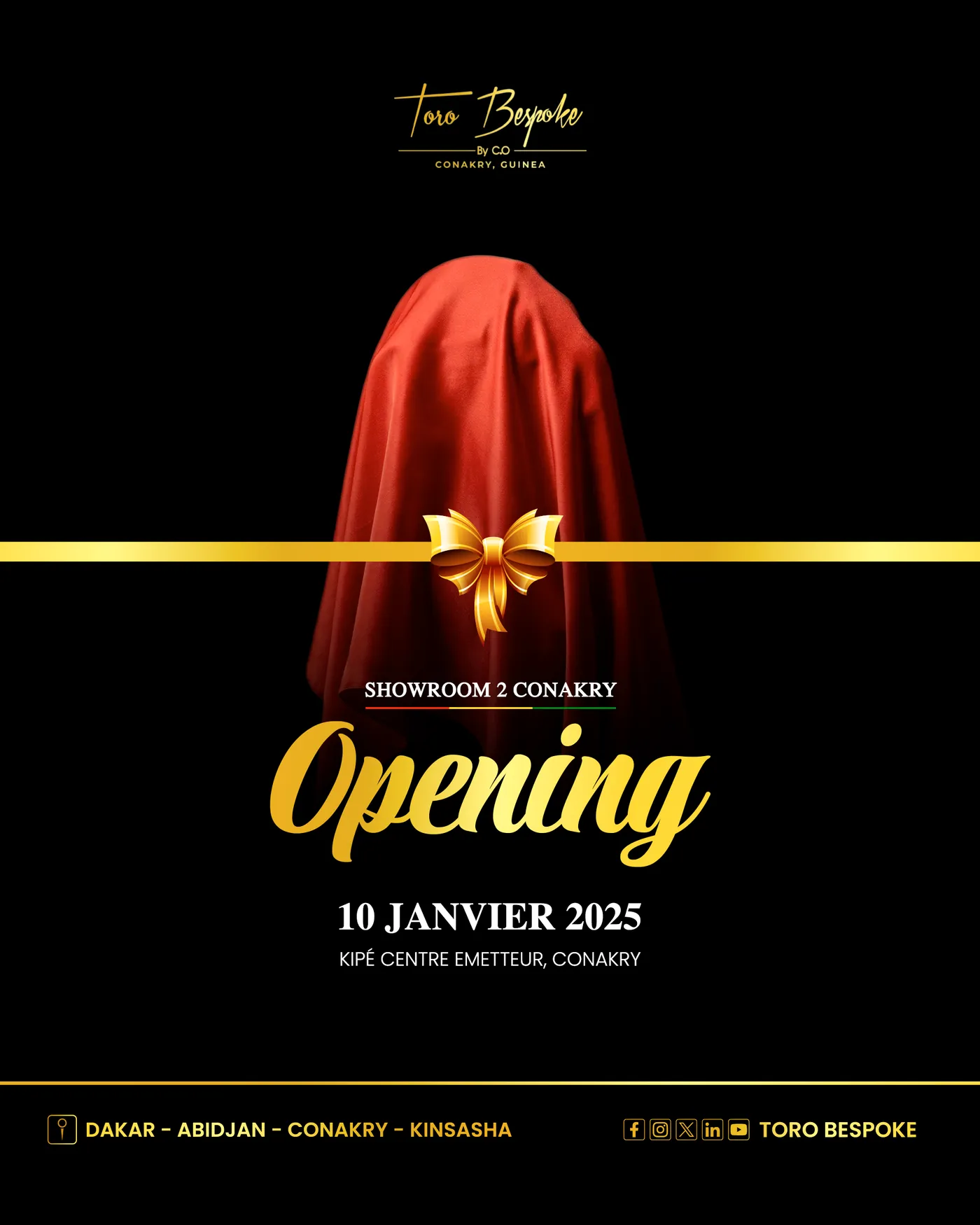 Carton d'ouverture du showroom Toro Bespoke, rideau rouge et ruban doré sur fond noir