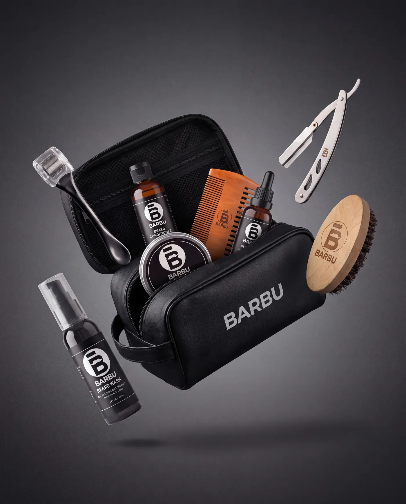 Trousse Barbu ouverte, ses flacons et accessoires en lévitation autour d'elle
