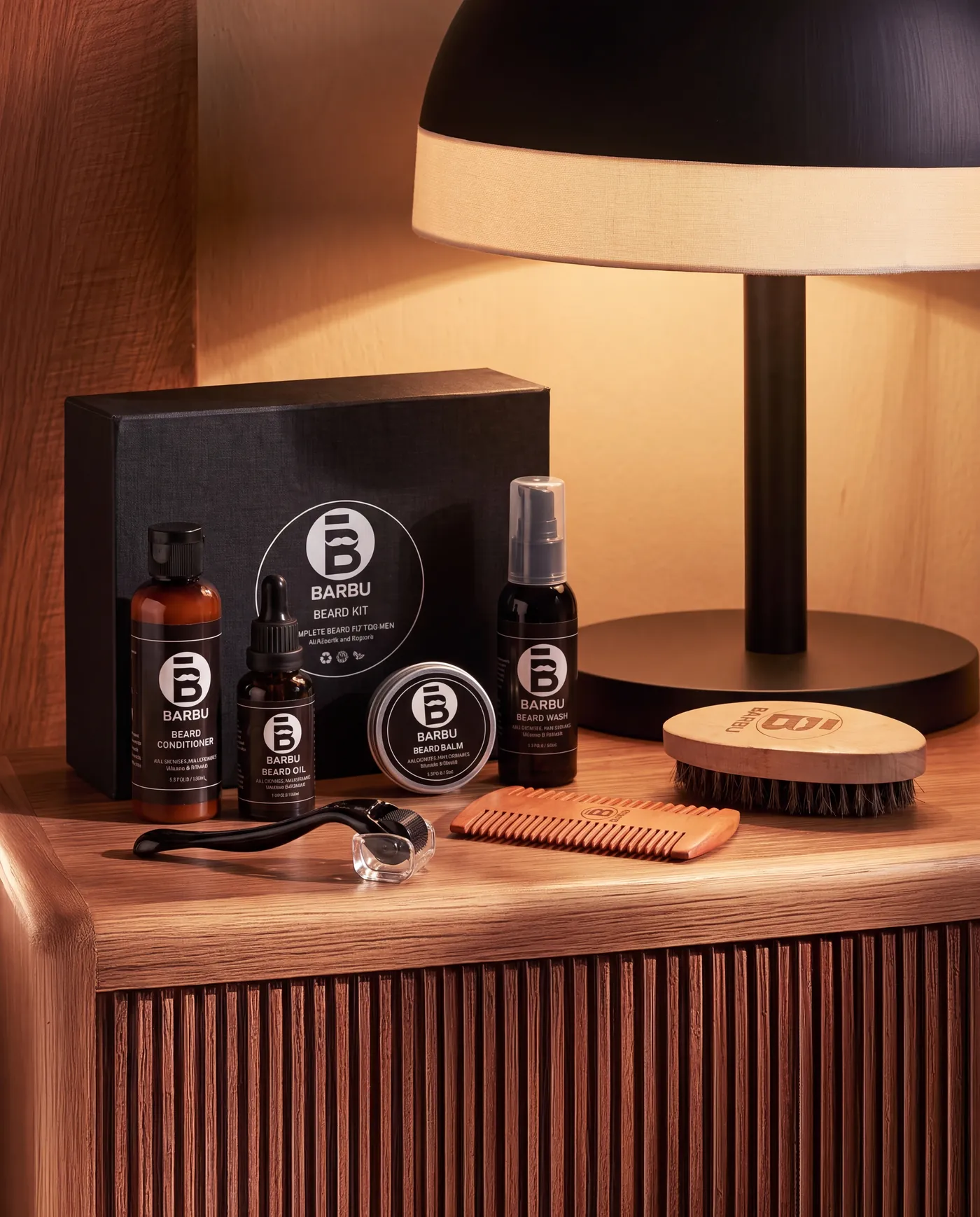 Coffret Barbu posé sur une commode en bois, près d'une lampe allumée
