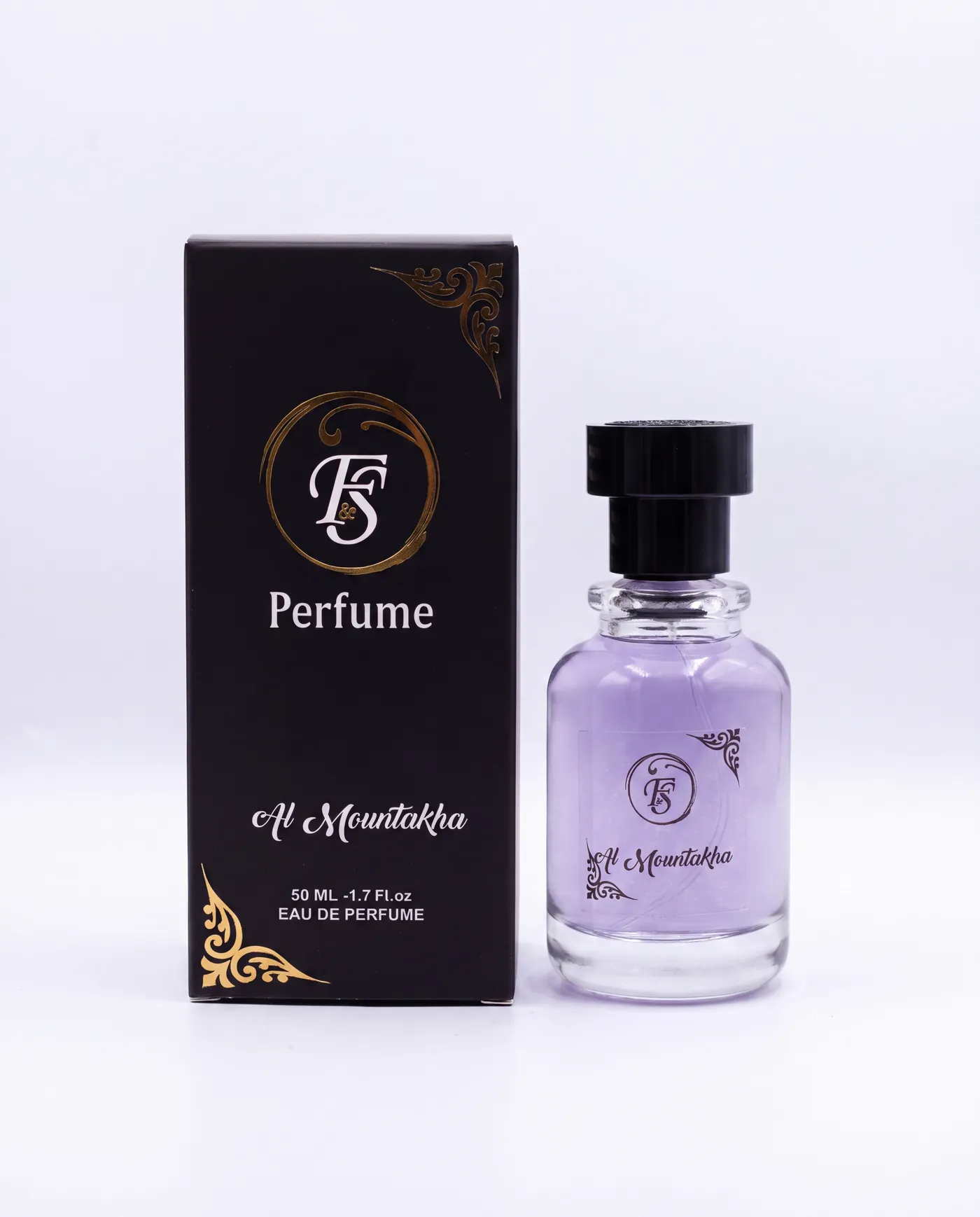 Flacon de parfum et son étui noir et doré, sur fond blanc