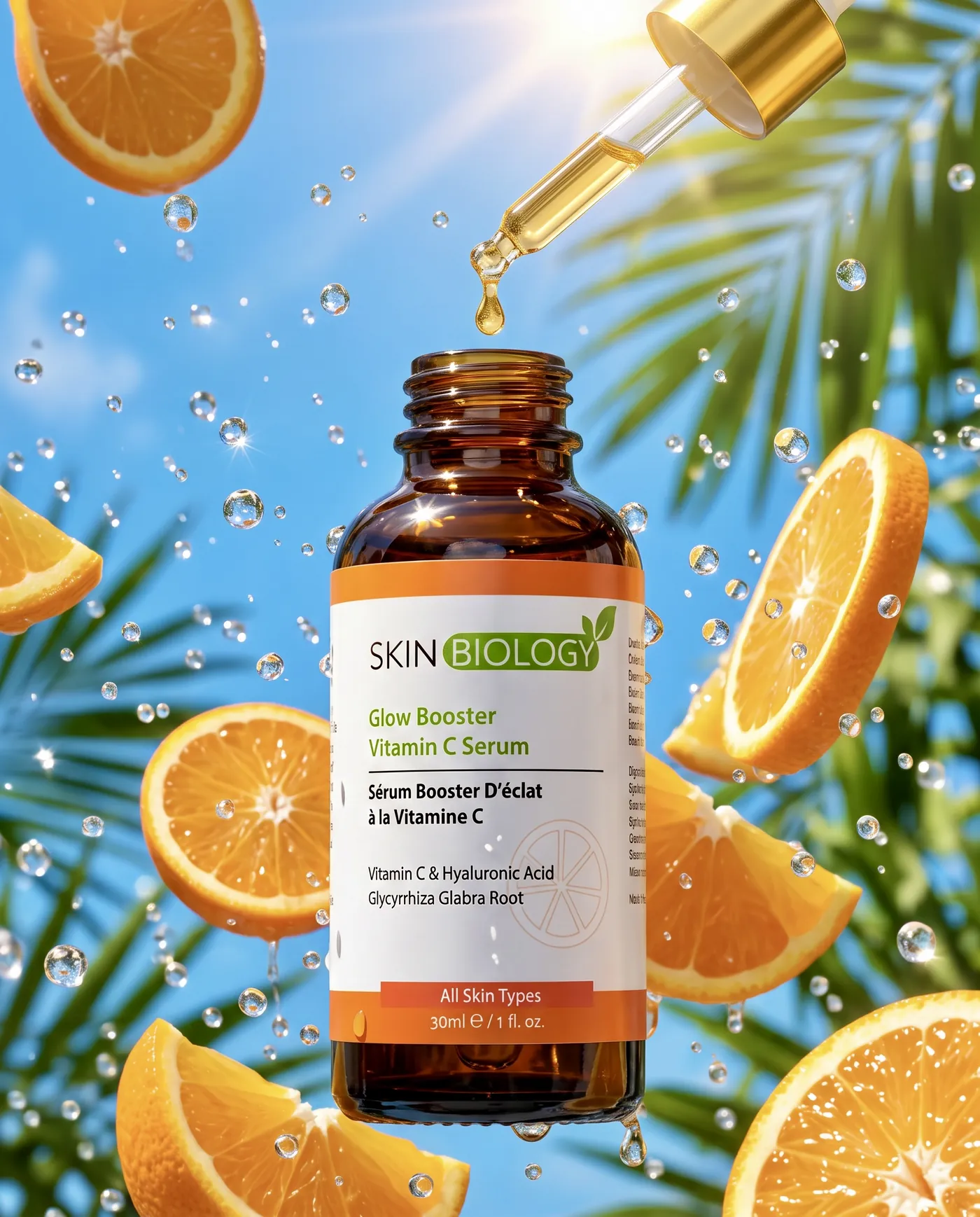 Sérum Skin Biology et sa pipette, entourés de tranches d'orange et de feuillage
