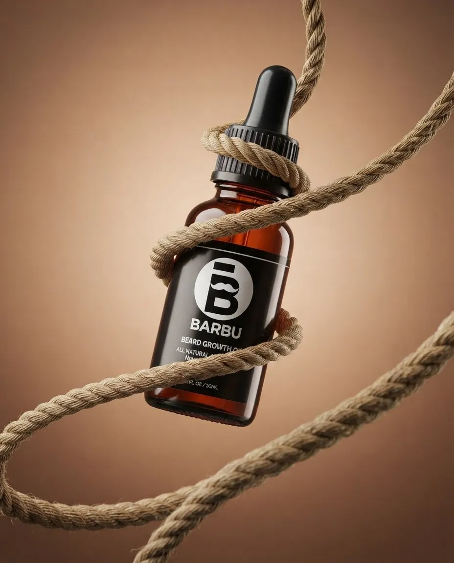 Flacon Barbu entouré d'une corde tressée, sur fond beige
