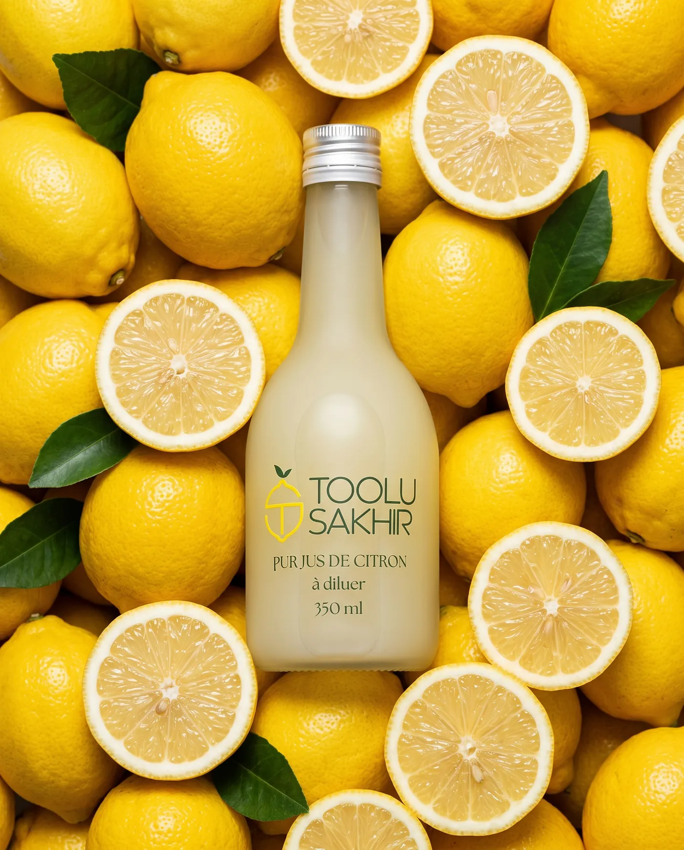 Bouteille Toolu Sakhir dressée au milieu de citrons entiers et coupés