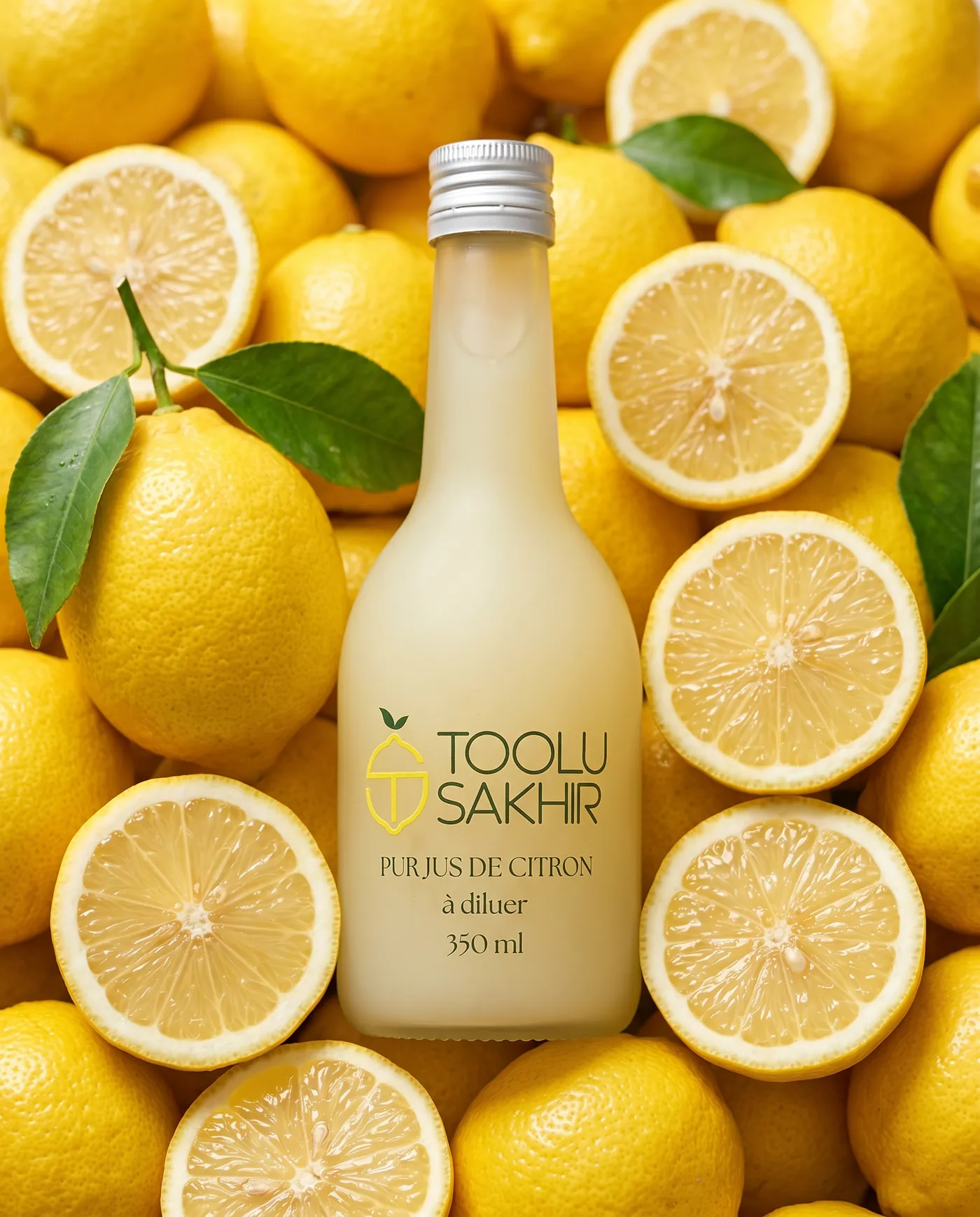 Bouteille Toolu Sakhir vue de dessus, entourée de citrons jaunes